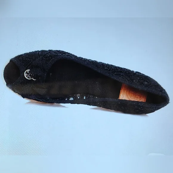 TORY BURCH JACKIE BLACK LACE CROCHET ESPADRILLE WEDGE GOLD LOGO WOMEN'S SIZE 8 - Picture 4 of 14